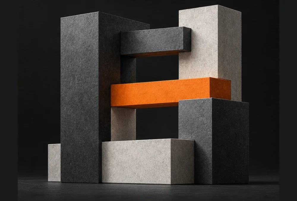 Sculpture of grey stone blocks forming an H, held together by a single orange bar