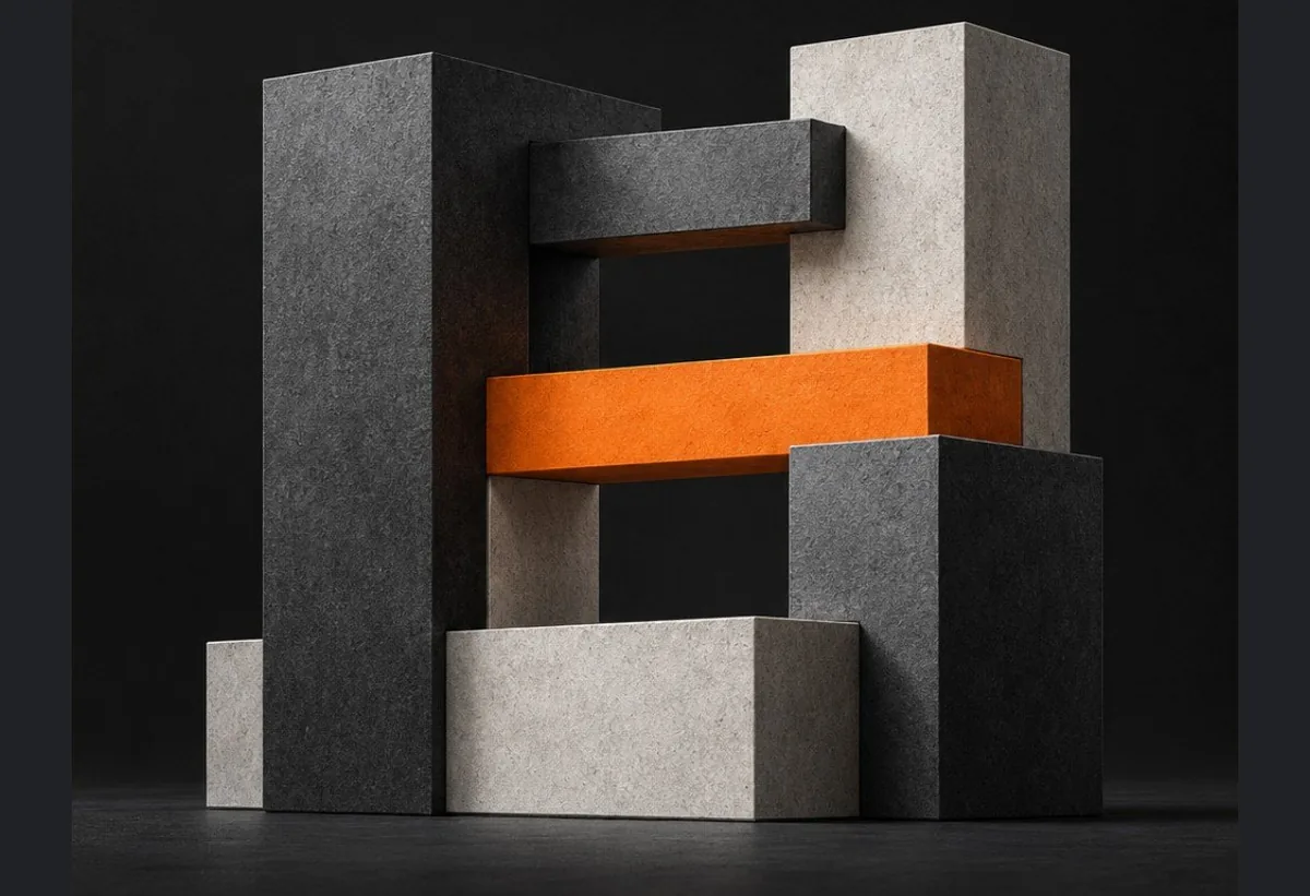 The stone-block H sculpture with its orange bar